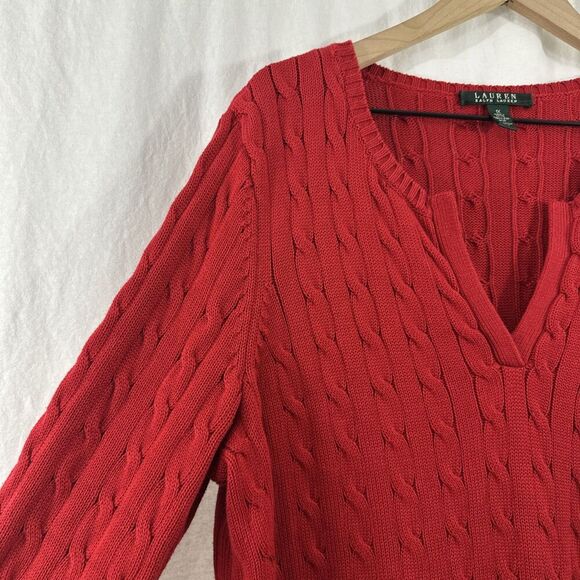 Lauren Ralph Lauren Red Cableknit Festive Preppy Split Vneck Sweater Womens 1X - Picture 6 of 10
